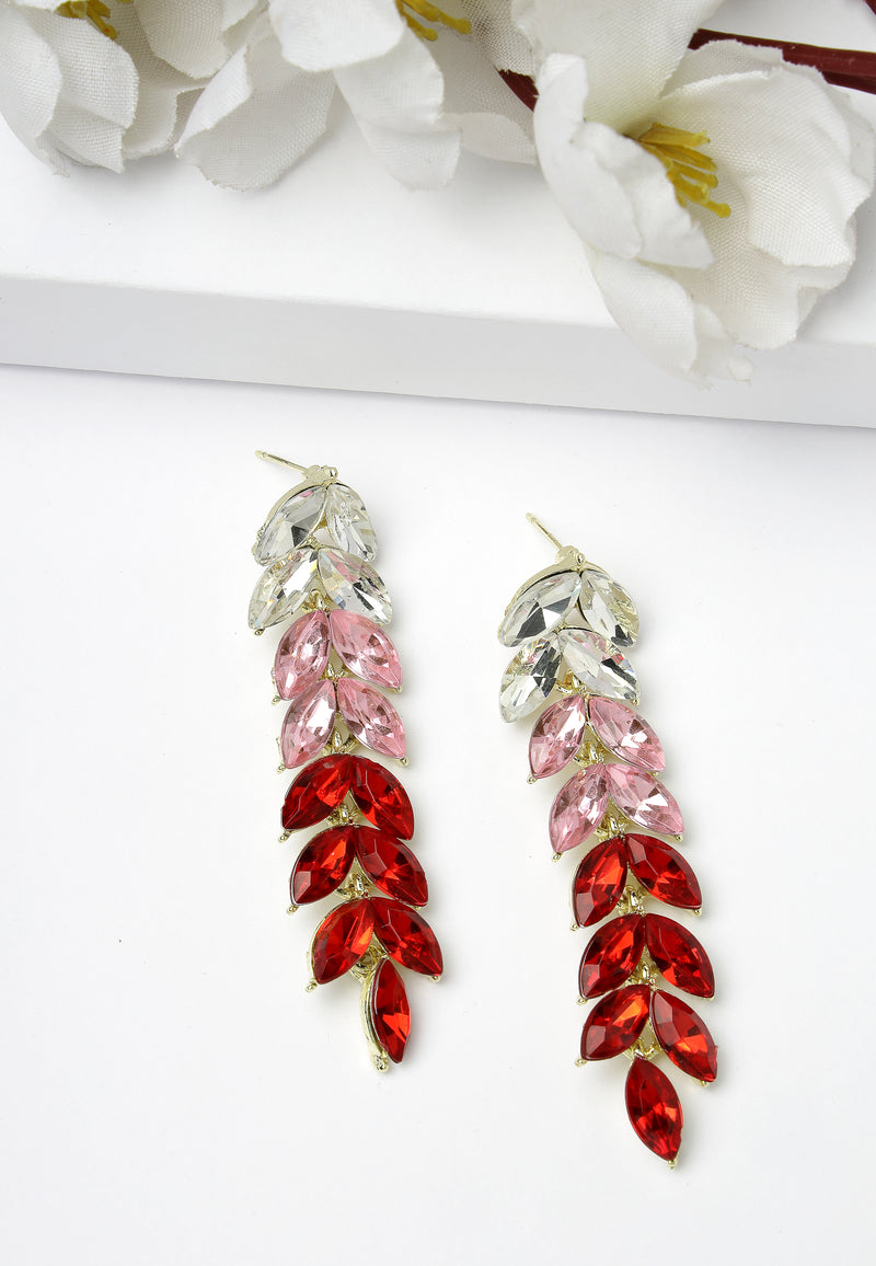 Long Drop Earrings With Sparkling Red Leaves