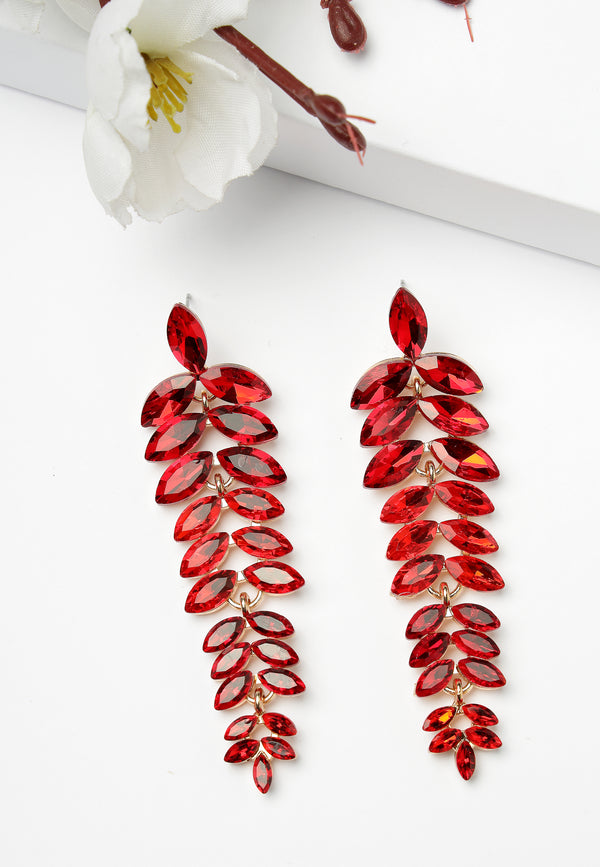 Red Cascading Leaf-Shaped Drop Earrings