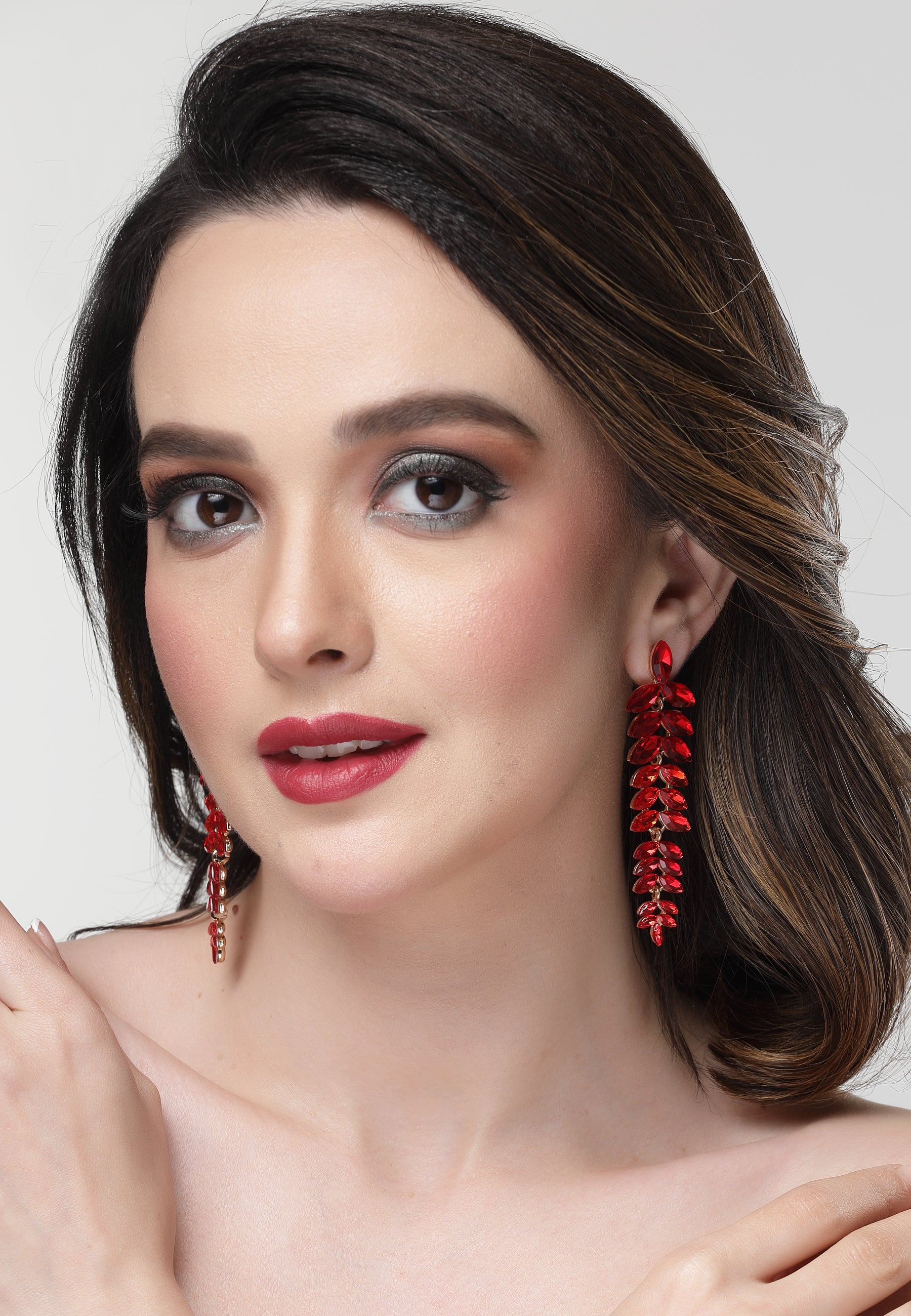 Red Cascading Leaf-Shaped Drop Earrings