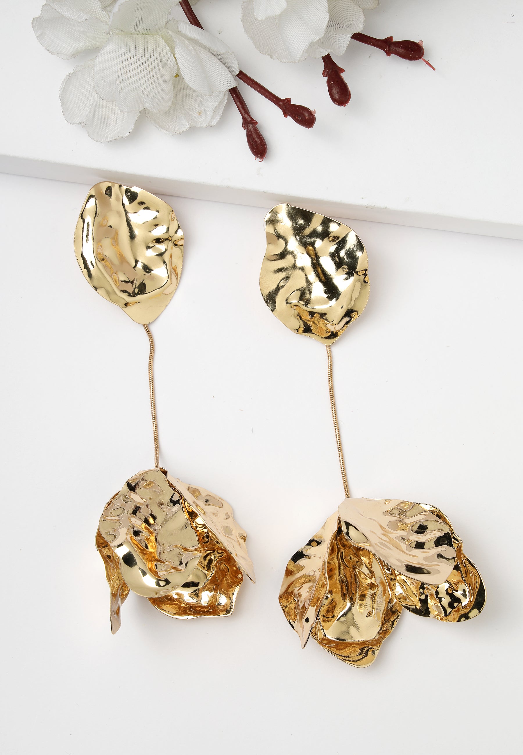 Gold-Coloured Rose Petal Drop Earrings