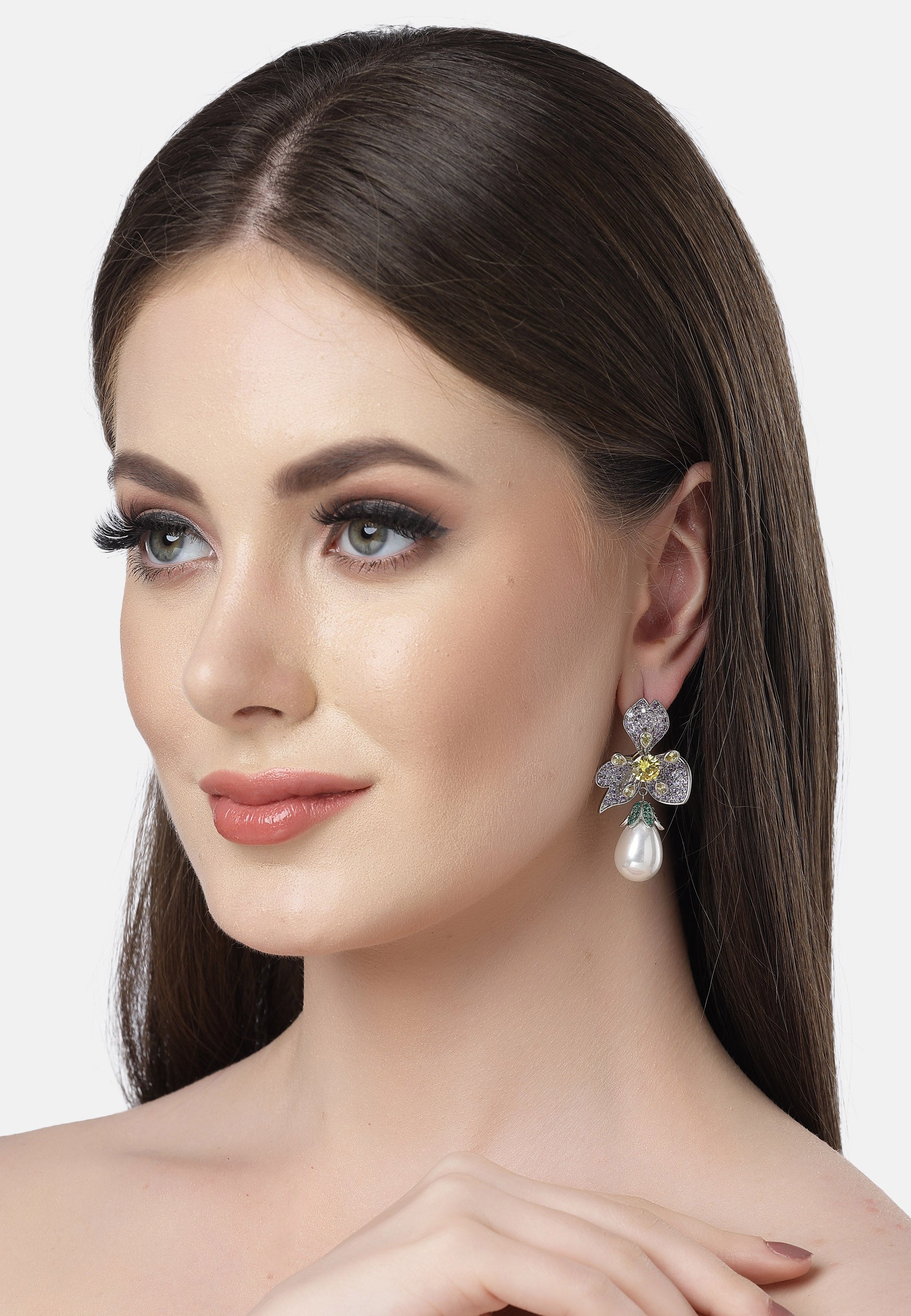 Floral Drop Earrings In Zirconia