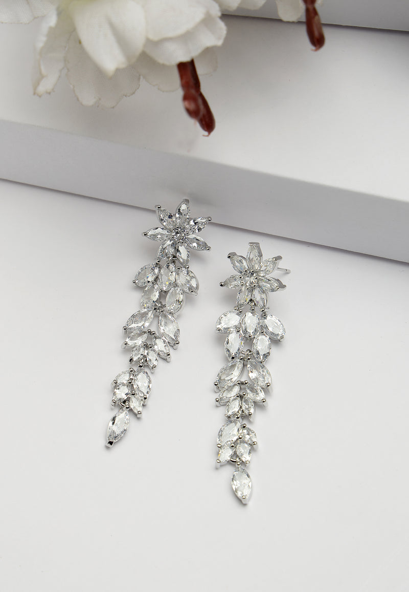 Long Floral Zirconia Dangle Earrings