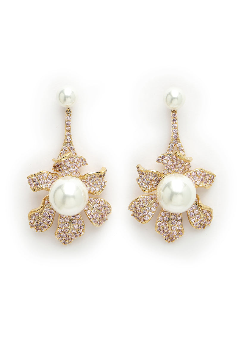 Cubic Zirconia Blooming Pearl Floral Earrings