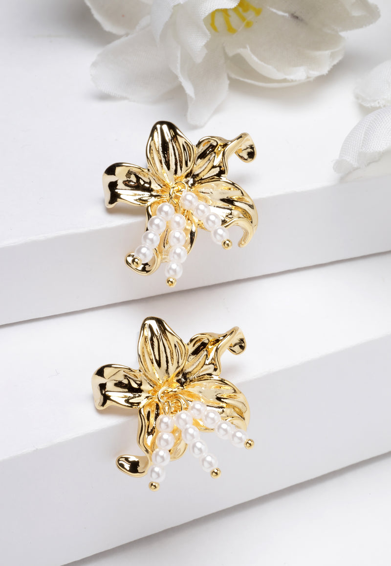 Perlen-Blumen-Ohrring aus Gold