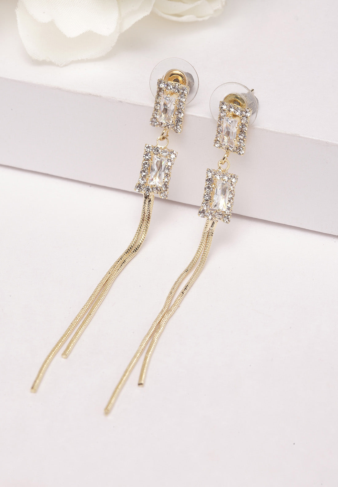 Gold Square Crystal Hanging Earrings