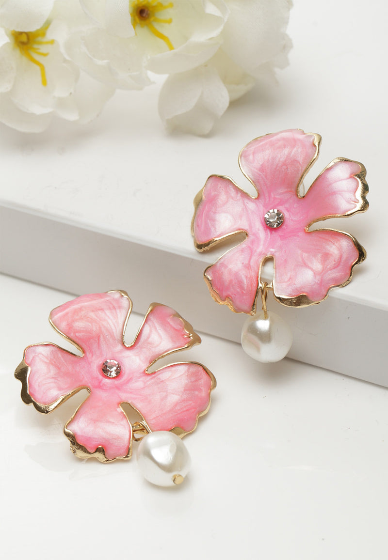 Kolczyki sztyfty w stylu artystycznym z różowymi perłowymi kwiatami